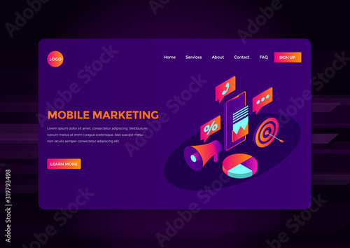 Mobile marketing business landing page template. Vector illustration website mock up. Responsive website design for corporate presentation. Creative marketing for mobile phones.