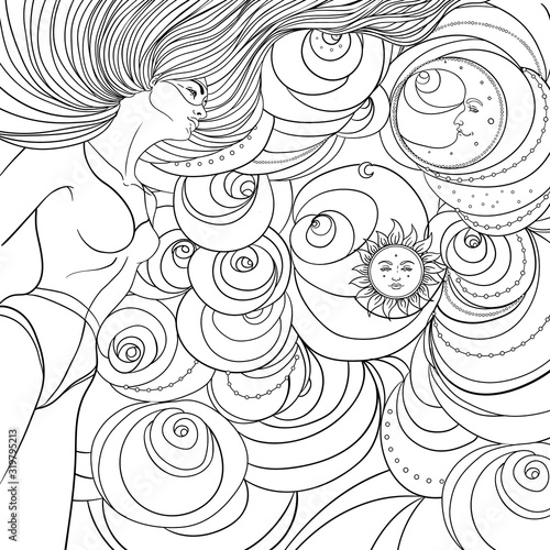 Young girl with long wavy hair standing over cloud background. Magic nymph, m...