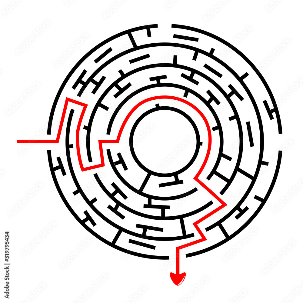 Vector Black Circle Maze, Red Line from in to out with arrow Vector Black Circle Maze, Red Line from in to out with arrow