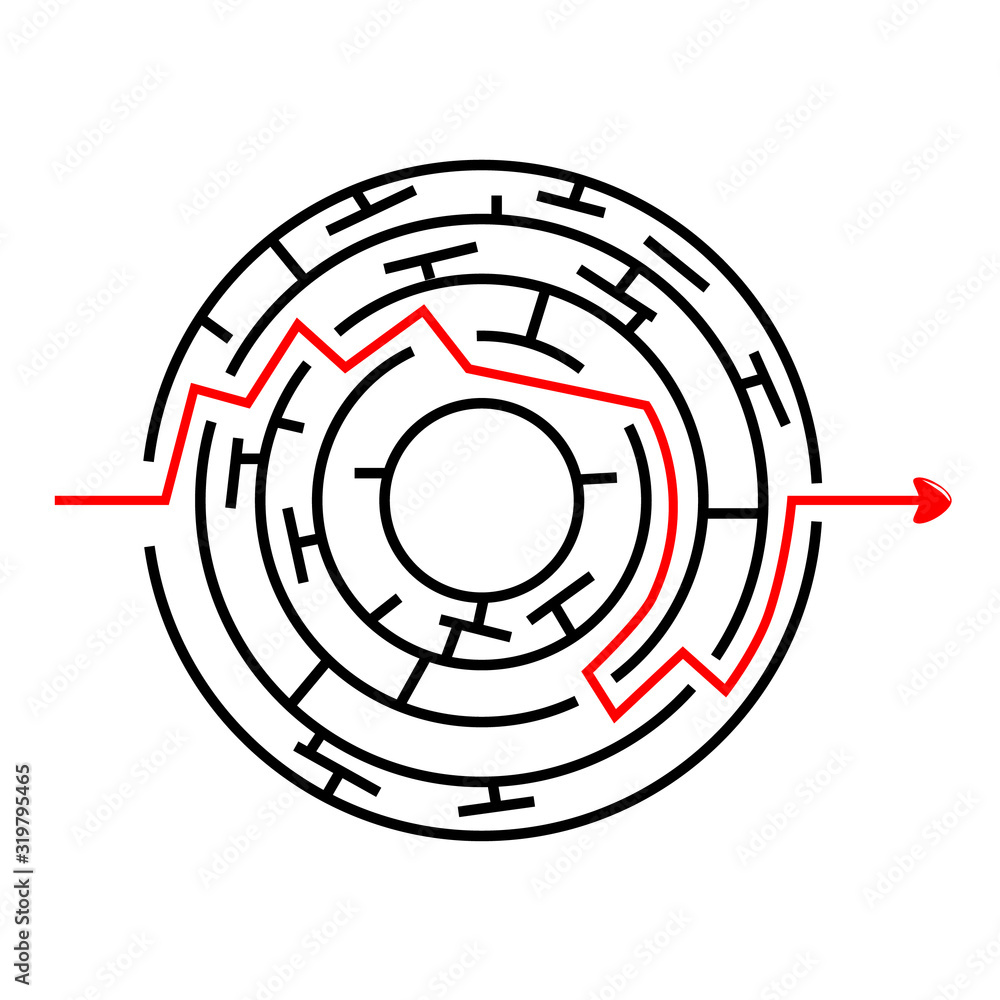 Vector Black Circle Maze, Red Line from in to out with arrow Vector Black Circle Maze, Red Line from in to out with arrow