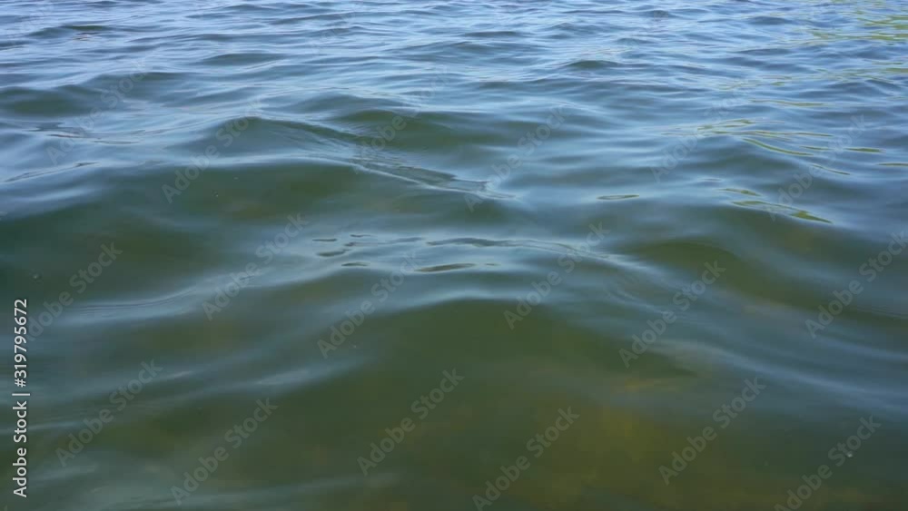 Waves on a shallow lake. Running ripple on the turquoise water surface in slow motion. Amazing natural relaxation texture. Cinematic moving background with meditative and hypnotic effect. Waves on a shallow lake. Running ripple on the turquoise water surface in slow motion. Amazing natural relaxation texture. Cinematic moving background with meditative and hypnotic effect.