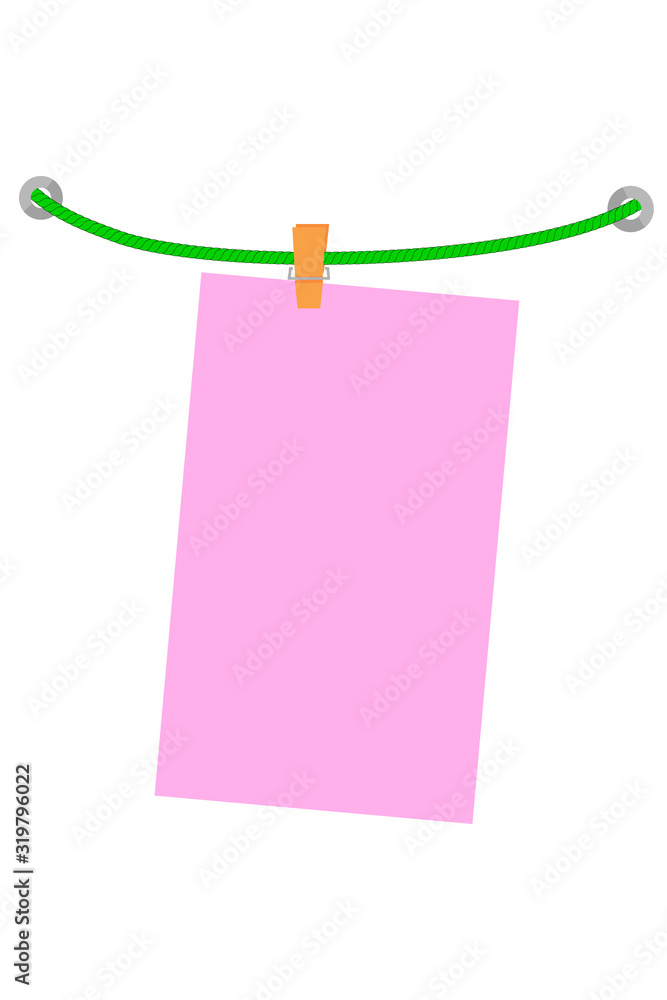 Vector Clipped Pink Blank Message note, at Green Rope, Isolated on White Vector Clipped Pink Blank Message note, at Green Rope, Isolated on White