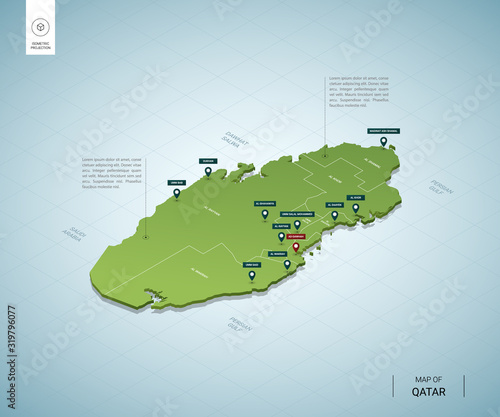Stylized map of Qatar. Isometric 3D green map with cities, borders, capital Doha, regions. Vector illustration. Editable layers clearly labeled. English language.