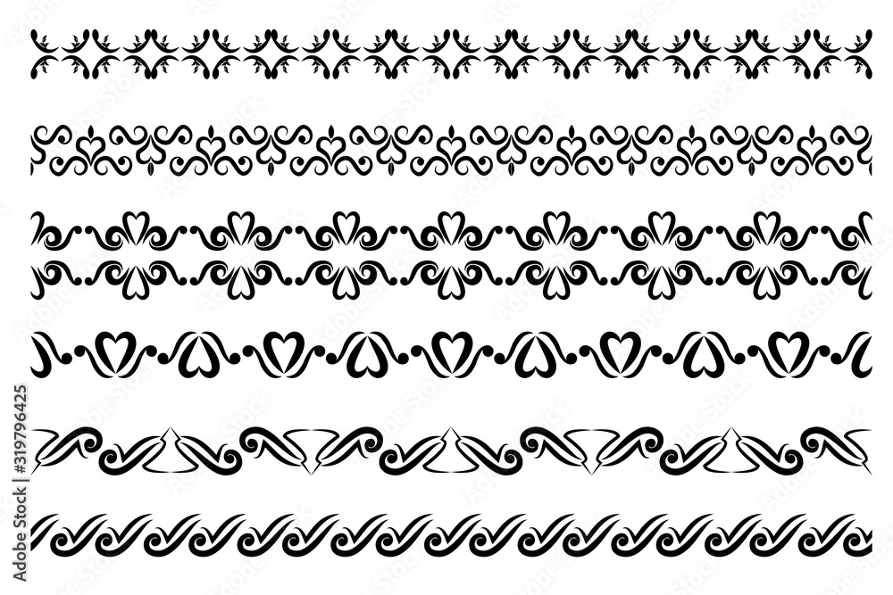 Obraz premium Seamless Vector Black Horizontal Floral Border for your element Design, Isolated On White 