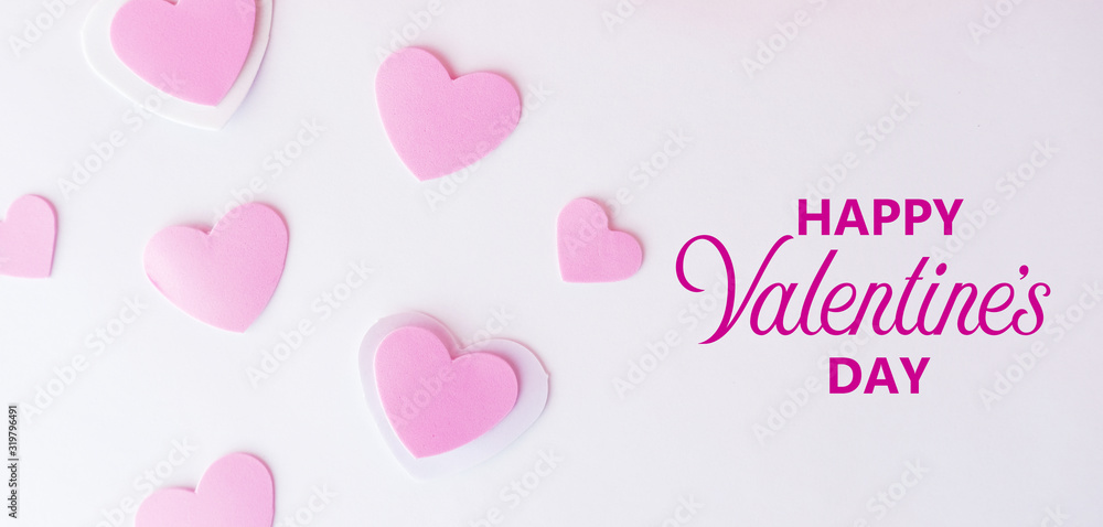 Happy Valentines day banner greeting with pink hearts, isolated on white background.