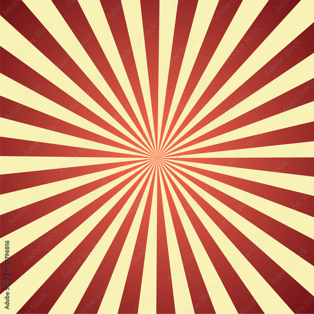 Sun ray retro vector illustration; Red background. Abstract radiate texture.