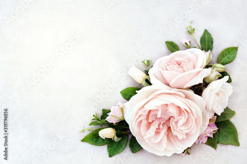 Pink delicate blossoming rose blooming flowers festive background  pastel and soft bouquet floral card  selective focus  toned