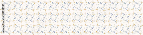 French damask shabby chic floral linen vector texture border background. Pretty seed flower banner seamless pattern. Hand drawn floral interior home decor ribbon trim. Classic rustic farmhouse style.