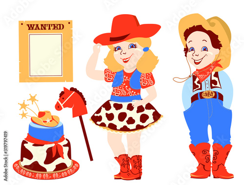 Cowboy party set. Cowgirl birthday Western elements set isolated on white
