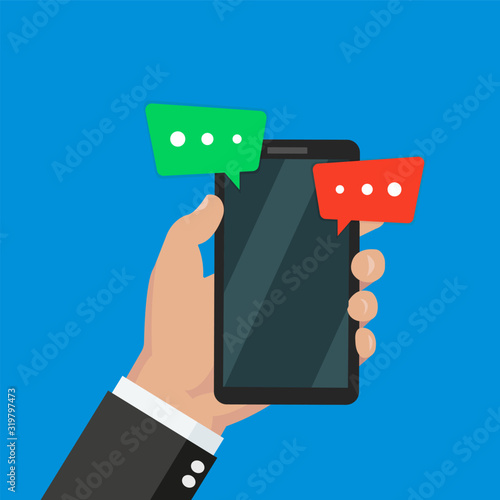 Hand holding a smartphone with chat messages notification on smartphone. Flat vector illustration, cartoon sms bubbles on mobile phone screen.