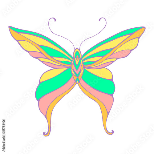 Bright butterfly with turquoise orange pink wings  isolated on white background.