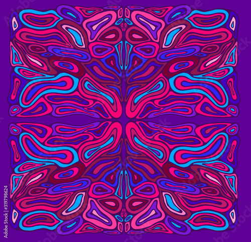 Variegated psychedelic colorful surreal doodle pattern. Mirror abstract pattern