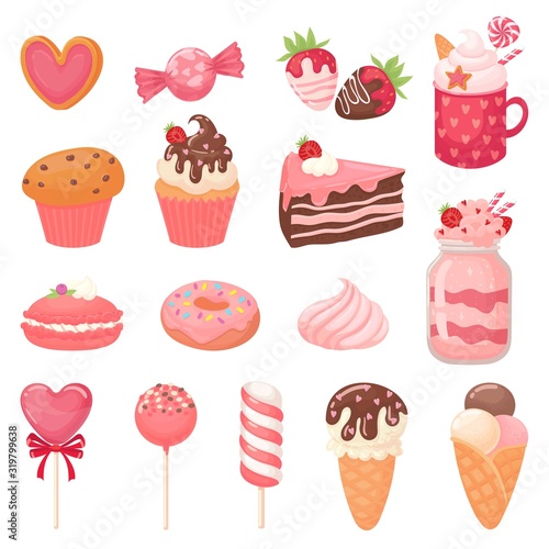 Cute Valentines sweets. Heart lollipop, sweet ice cream and strawberry cake. Candy cartoon vector illustration set. Collection of pink romantic desserts and confections - cupcakes, macarons, candies.