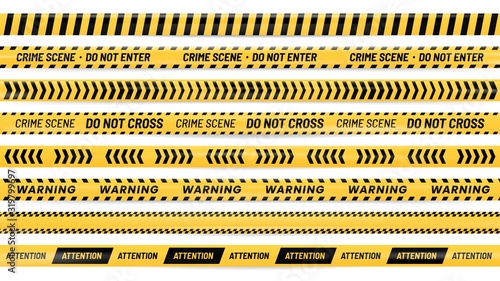 Danger ribbon. Alert stripes, warning tape and striped yellow and black ribbons realistic vector illustration set. Bundle of barricade, caution, safety or hazard lines for crime scene preservation. © Tartila