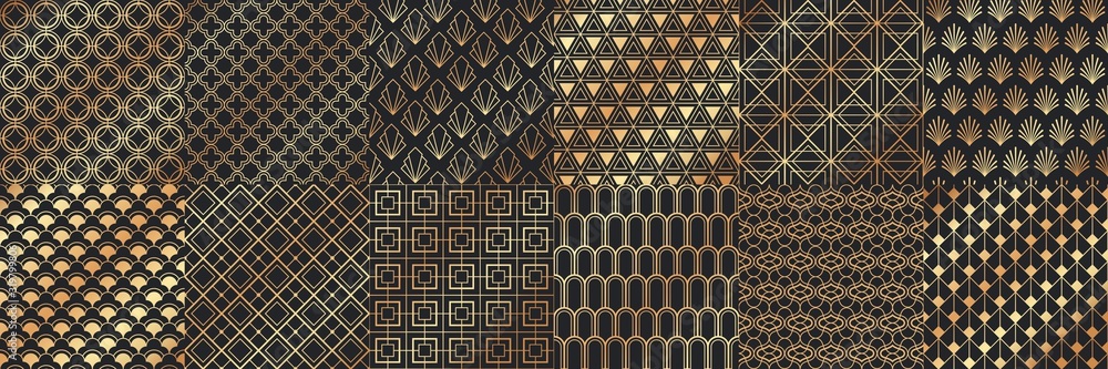 Fototapeta Golden art deco seamless patterns. Luxury decorative geometrical ornaments, gold geometric shapes and vintage pattern vector set. Bundle of elegant retro textures with circles, squares, leafs, waves.