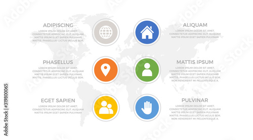 Set of green and blue, yellow, orange elements for infographic with world map presentation slides.