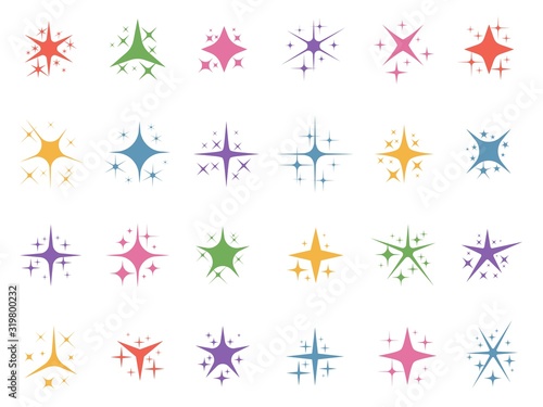 Colorful sparkle stars. Glitter lights, color sparks and shiny star light elements vector set. Collection of shimmering or twinkling flashes. Magic outburst decorative design elements in flat style.
