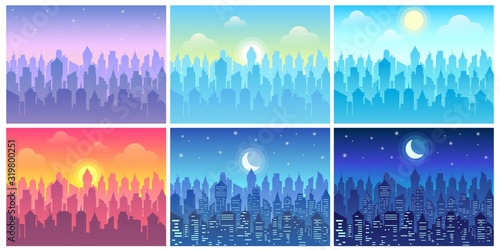 Day time cityscape. Change of time of day, morning town and night city skyline vector illustration set. Bundle of urban landscapes in flat style with downtown buildings, sun or crescent moon in sky.