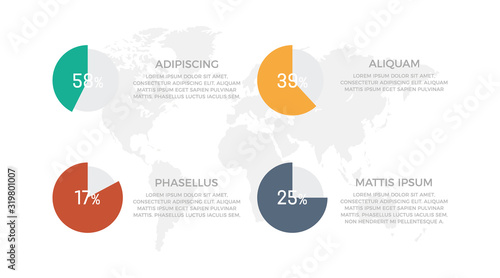 Set of turquoise, orange, red and gray elements for infographic with world map presentation slides.
