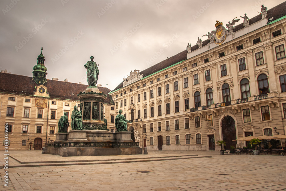 The statue of Emperor Francis I. (in German: Kaiser Franz l. Denkmal) is seen at the courtyard of Hofburg Palace.