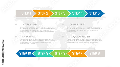 Set of gray, orange, green, turquoise and blue elements for infographic with world map presentation slides.