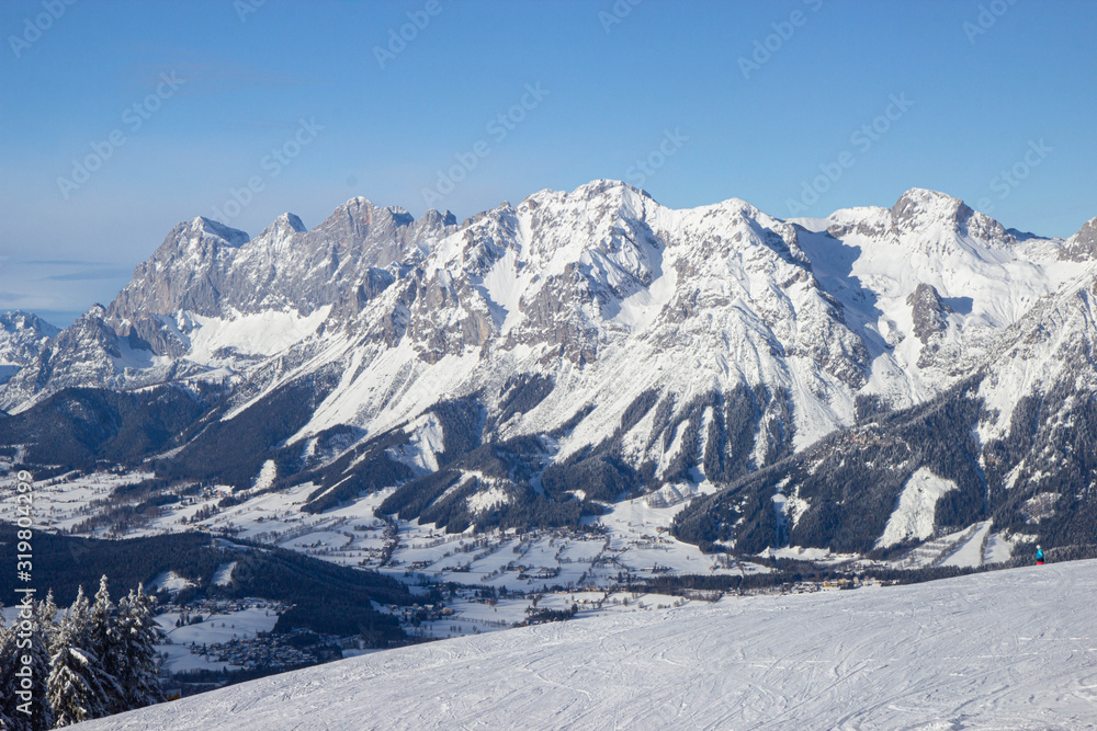 view from Schladming ski resort towards Dachstein glacier