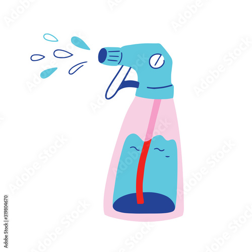 Water sprayer illustration, modern plastic bottle pulverizer for household needs and watering plants, tool for gardening and cleaning, isolated modern clip art, hand drawn doodle drawing, colored art