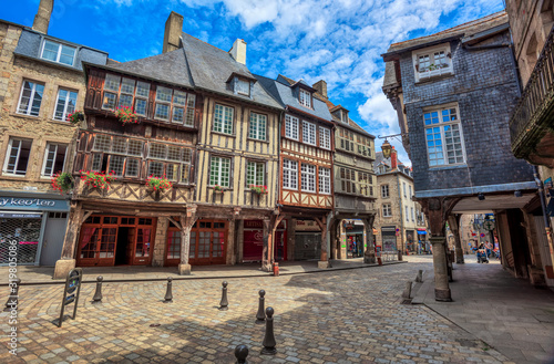 Quadro su tela Half-timbered medieval houses in Dinan historical Old town, Brittany, France