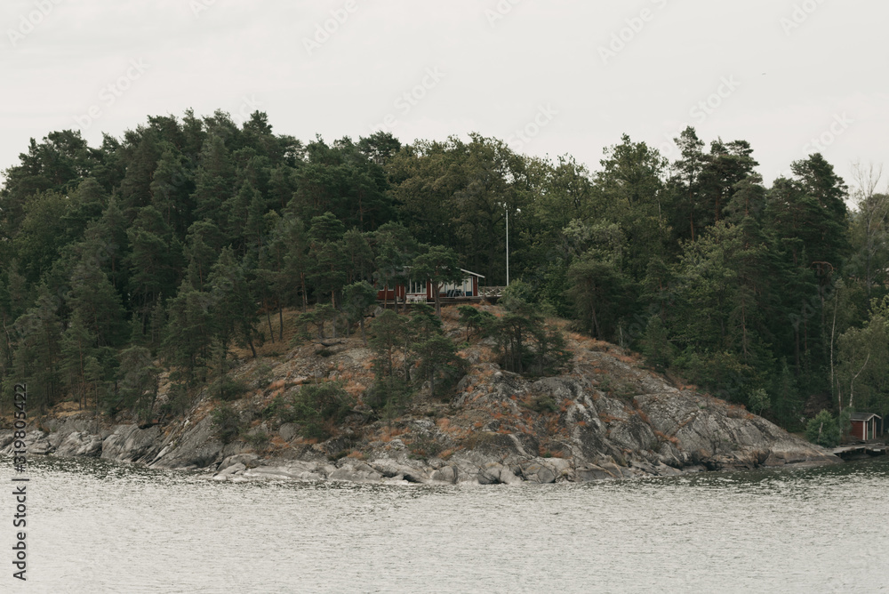 A single cozy brown house on the rocky seashore between trees in the forest on a sunny day.