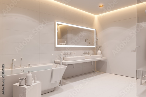3d illustration of a bathroom in a private house. Interior design in white without textures