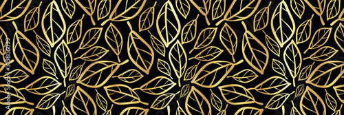 Fototapeta Naklejka Na Ścianę i Meble -  Gold foil and bronze leaves textured border. Seamless vector design on black background. Elegant design with modern hand drawn touch for packaging, invitations, stationery, web banner, trim, ribbon