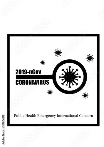 Coronavirus (v2019-nCoV) vector design with virus and magnifier. Wuhan virus. Web banner concept. Instagram square size. Awareness, prevent. Public Health Emergency International Concern (PHEIC) - WHO