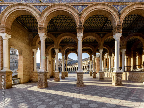 Beautiful arcades on the central square of Seville Plaza de Espana  Andalucia  Spain