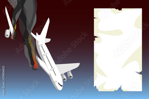 Crash, catastrophe of a passenger plane, airliner with template blank paper for inscriptions