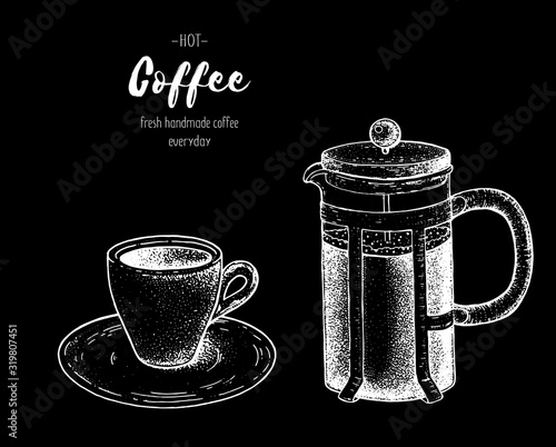 Coffee maker french press. Hand drawn sketch. Vintage vector illustration. Make espresso coffee.