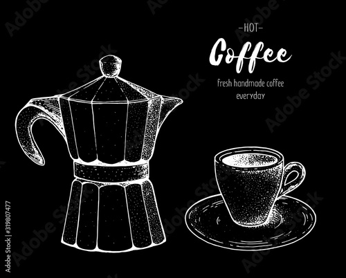 Geyser coffee maker hand drawn sketch. Vintage vector illustration. Make espresso coffee.