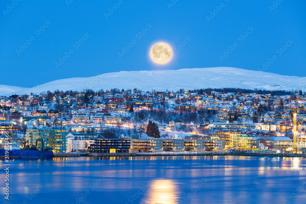 Tromso At Full Moon In Winter Time, Christmas in Tromso, Norway