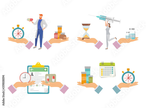 Conceptual set of time and health, time to take medicine.