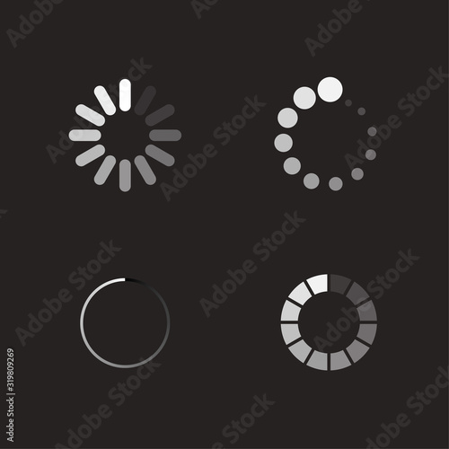 Isolated loading icon set on black background. Preloaders and white progress loading bars. Vector illustration. 