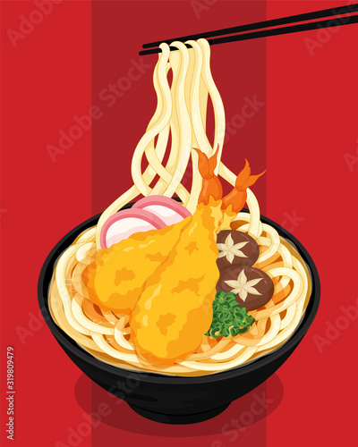 japanese udon noodle soup on red background illustration. (Japanese food)