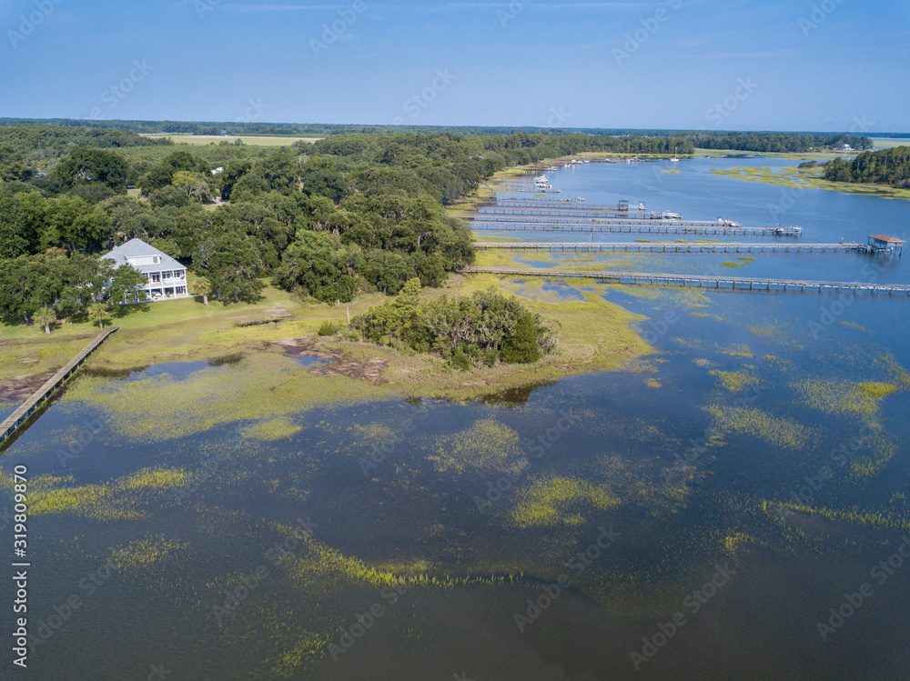 Aerial view of expensive homes along the water in South Carolina.
