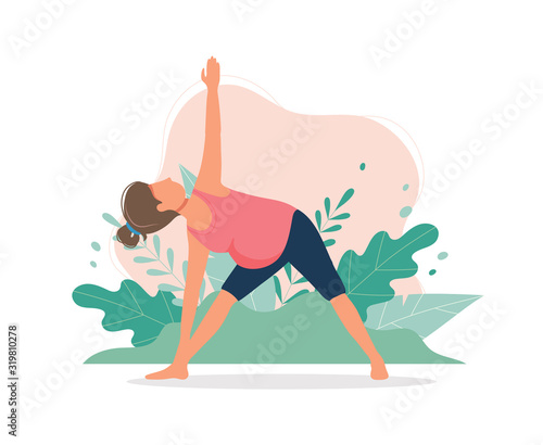 Pregnant woman doing yoga workout. Pregnancy health concept. Cute vector illustration in flat style