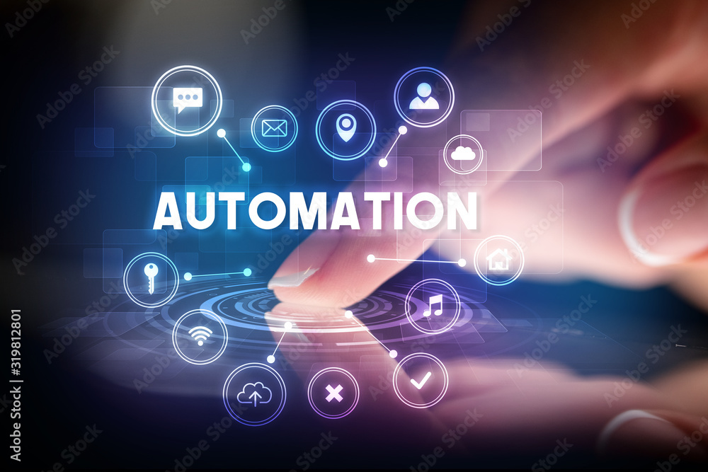 Finger touching tablet with web technology icons and AUTOMATION inscription, web technology concept Finger touching tablet with web technology icons and AUTOMATION inscription, web technology concept