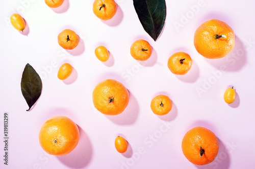 Fototapeta Naklejka Na Ścianę i Meble -  oranges fruit on a pink background flatly. the view from the top, the citrus mix fruit kumquat, tangerines