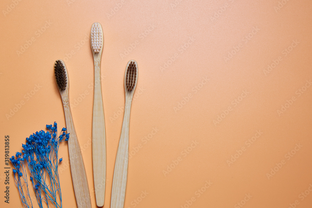 Three wooden toothbrushes. Copy space. Three wooden toothbrushes. Copy space.