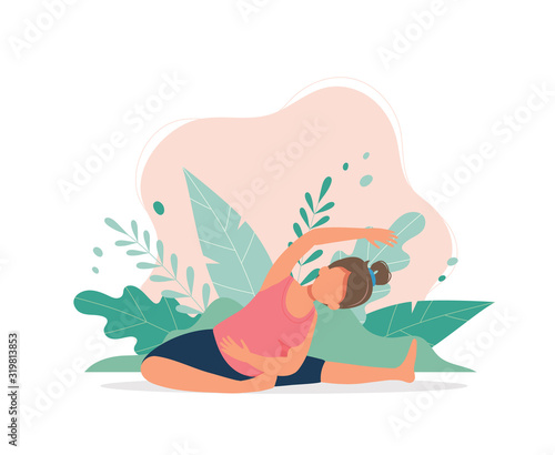 Pregnant woman doing prenatal yoga. Pregnancy health concept. Cute vector illustration in flat style