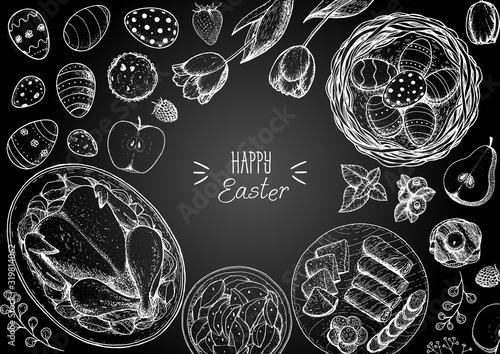 Happy Easter vector illustration. Food hand drawn sketch. Festive table with Easter food. Engraved illustration. Vintage menu set.