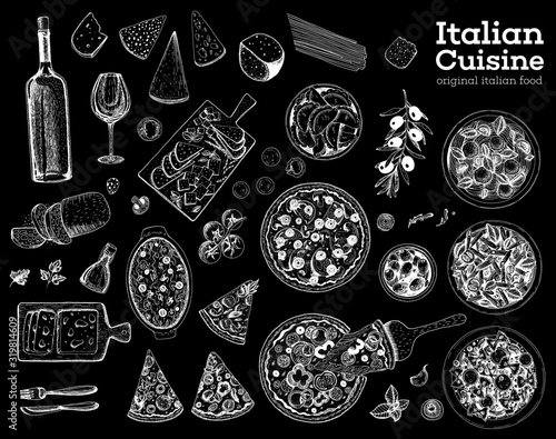 Italian food sketch. Set of Italian dishes with pasta, pizza, ravioli and ingredients. Food menu design template. Italian cuisine. Vintage hand drawn sketch vector illustration. Engraved image