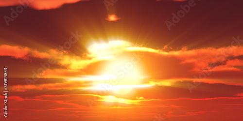 Billede på lærred Big sun sky at beautiful sunset, 3d illustration