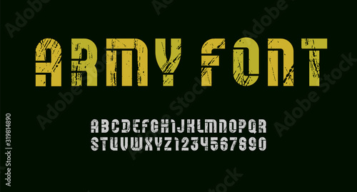 Stencil army font, condensed bold military alphabet, modern geometric modular letters and numbers, book symbols for newspaper headline or your street poster design, vector illustration